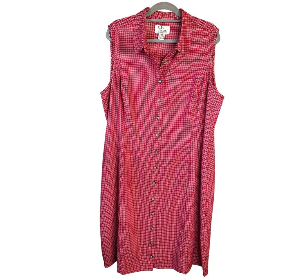 CJ Banks Red Shirt Dress 20W Gingham Plaid Pearl Snap Western Rodeo Picnic Fair